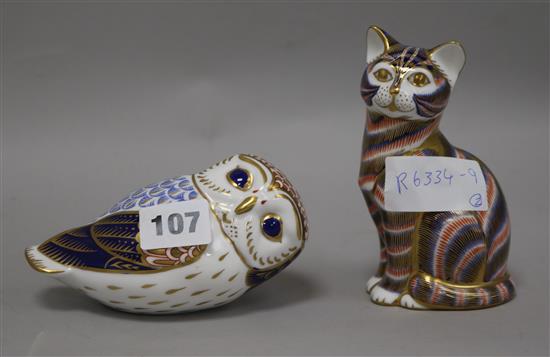 A Royal Crown Derby cat and owl